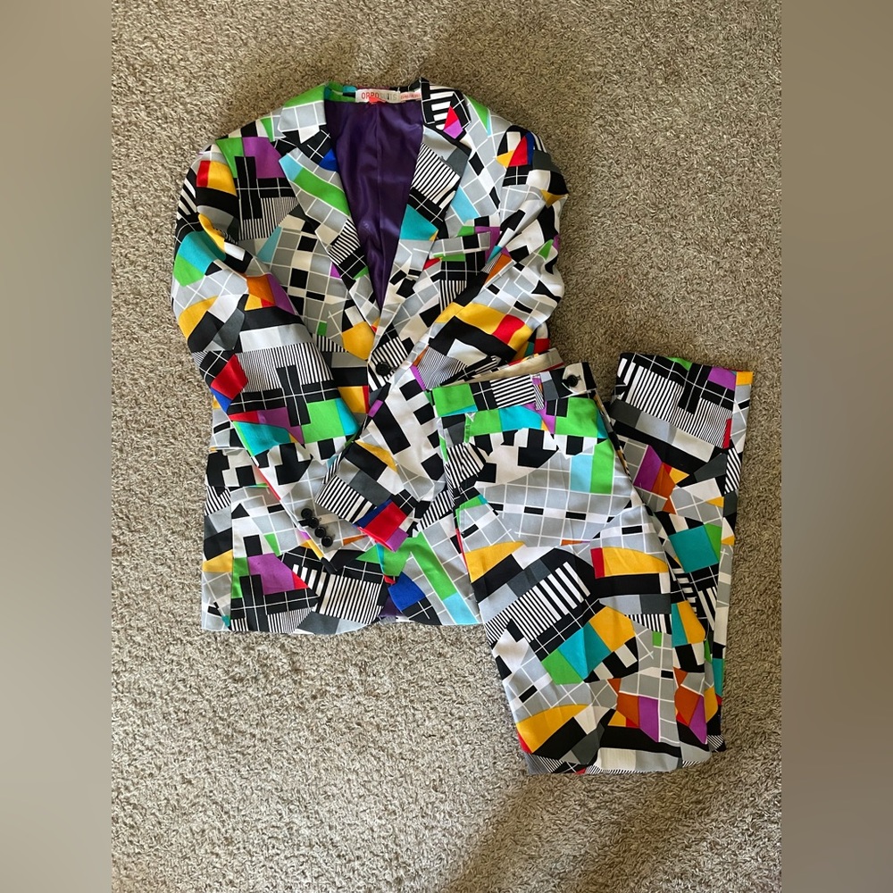Funky colorful geometric suit.